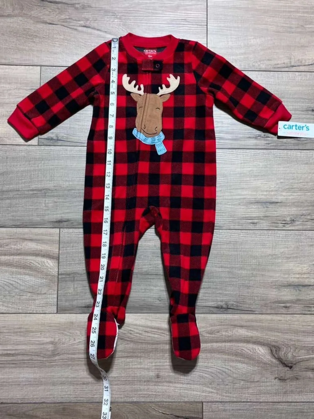 Carters Just One You Baby Boys Plaid Moose Fleece‎ Footed Pajama 12M Red Black